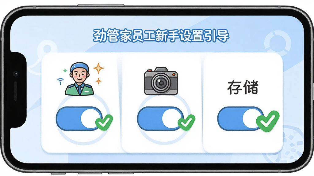 劲管家员工新手设置引导界面,手机屏幕显示权限开启步骤示意图,包含定位、相机、存储三个权限开关的卡通图示,旁边有绿色对勾标记,风格简洁明了,蓝白配色,画质干净无多余元素