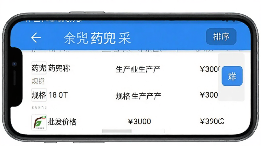ҩ����app�������ҳ���ͼ����ֻ���Ļ����ʾҩƷ�б�������ҩ��������������ҡ������۸��Ҳ�������ť���������࣬������ɫ�����������ɾ�