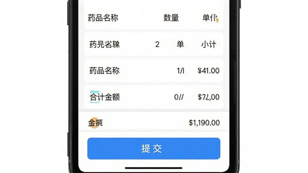 ҩ����app�ɹ����������棬�ֻ���Ļ��ʾ�Ѽ���ɹ�����ҩƷ�б�������ҩƷ���ơ����������ۺ�С�ƽ��ײ��кϼƽ����ύ�ɹ���ť����Ƽ�࣬��ɫ���������ʸɾ��޶���Ԫ��