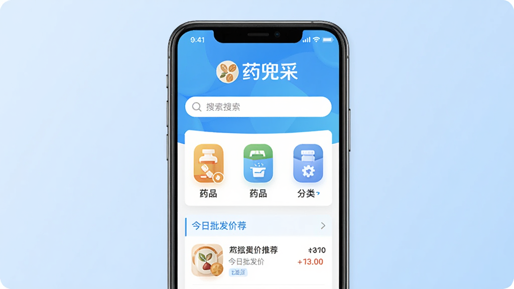 �ֻ���Ļ����չʾҩ����app�����棬�Ϸ���Ŀ��ʾҩ����Logo���������·�������ҩƷ����ͼ��ͽ����������Ƽ��б��������Ǹɾ���ǳ��ɫ���䣬����ִ���ƽ��ϸ�����������ʸɾ��޶���Ԫ��