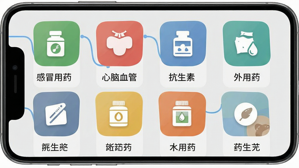 ҩ����app�������ҳ�棬�ֻ���Ļ��ʾҩƷ�������񣬰�����ð��ҩ������Ѫ�ܡ������ء�����ҩ��ͼ�꣬ͼ����Ƽ��ʶ��ȸߣ�����ǳ��ɫ����������ˬ�����ʸɾ�