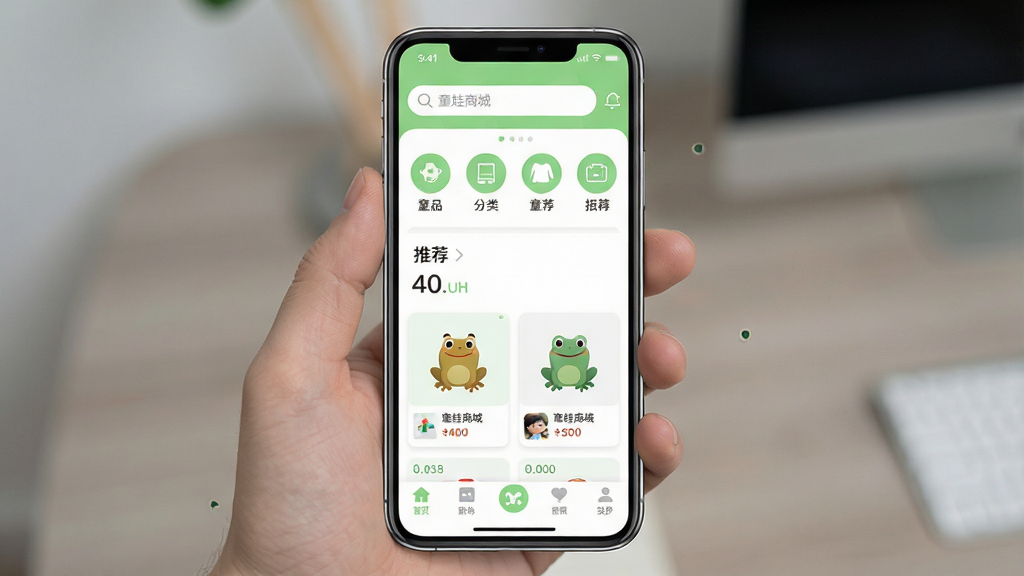 һ��չʾͯ���̳�APP��ҳ���ֻ������ͼ�������������ֻ���Ļ����Ļ����ʾͯ���̳ǵ���ҳ�����������������м�����Ʒ����ͼ����Ƽ���Ʒ��Ƭ���ײ��е������������������£��԰�ɫ��ǳ��ɫΪ��ɫ�������ʸɾ��������޶���Ԫ�أ������д��С�ͯ���̳ǡ����ֱ�ʶ��