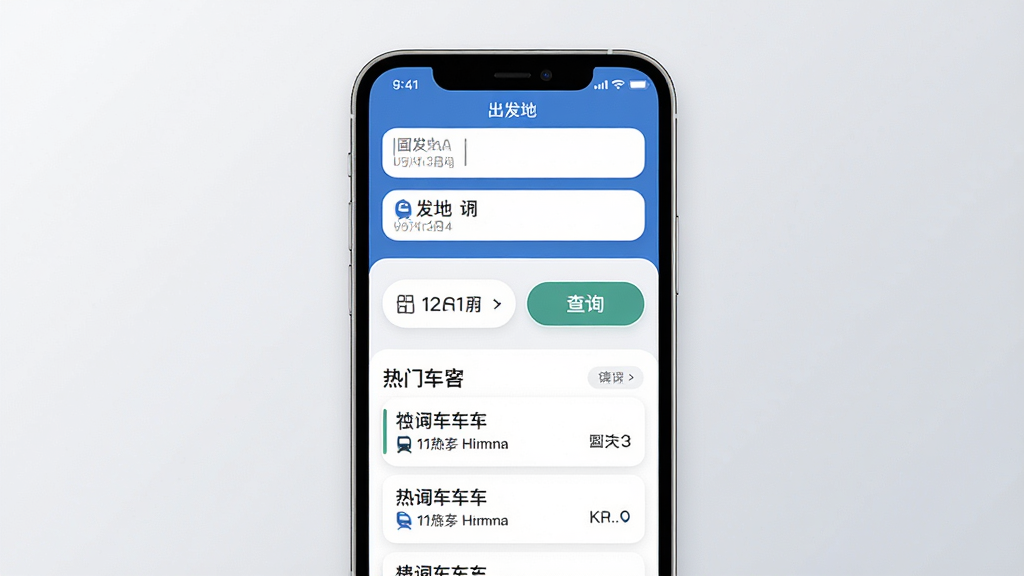 һ���ֻ���Ļչʾ���л�ƱApp�������ͼƬ������Ϊ�ֻ����з��ã������϶�����ʾ�����غ�Ŀ�ĵ�������м�������ѡ��Ͳ�ѯ��ť���·������ų����б����Ű������������Ϊ�ִ���ƽ����ƣ�ϸ���ϰ�ťԲ���������������ʸɾ��޶���Ԫ�أ�����Ϊǳ��ɫ���䡣