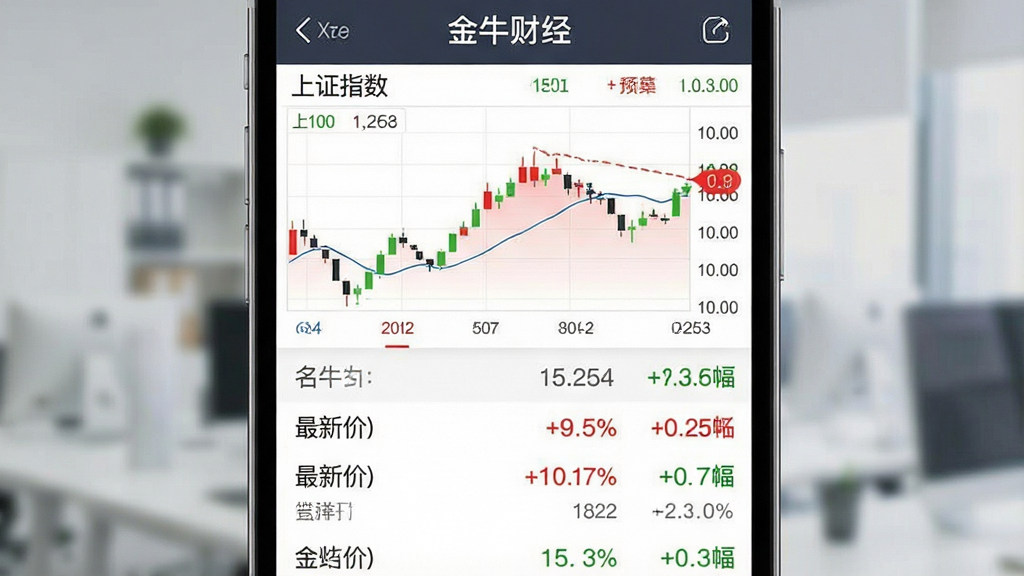 一张展示“金牛财经”实时行情功能的手机界面图。主体是手机屏幕,布局上方是上证指数分时图,下方是股票列表,显示股票名称、最新价、涨跌幅,红色和绿色数字清晰。排版整齐,风格简洁商务,细节精致。画质干净,无多余元素。