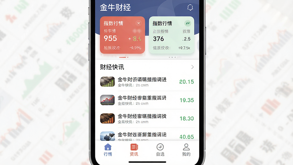 一张展示“金牛财经”手机应用主界面的详细截图。主体是手机屏幕,布局顶部显示指数行情卡片,中间是滚动财经快讯列表,底部有行情、资讯、自选、我的四个导航图标。排版清晰,风格现代扁平化,细节圆润。画质干净清晰,无多余元素。