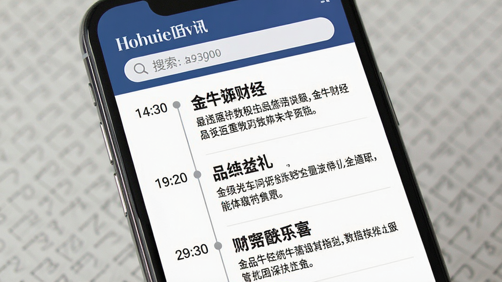 一张展示“金牛财经”财经快讯列表界面的手机图。主体是手机屏幕,布局是时间轴样式的新闻列表,每条新闻左侧有时间点,右侧是标题和摘要,顶部有搜索框。排版整洁,风格资讯类,细节清晰。画质干净,无多余元素。