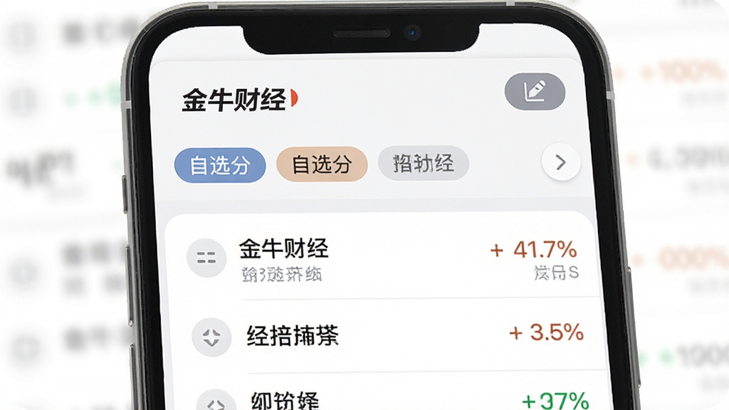一张展示“金牛财经”自选股管理界面的手机图。主体是手机屏幕,布局显示多个自选分组标签,下方是股票列表,每只股票前面有拖拽排序图标,右上角有编辑按钮。排版清晰,风格工具类,细节圆润。画质干净,无多余元素。