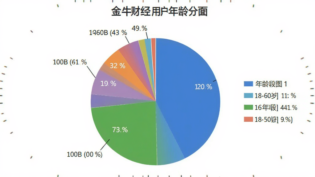 一张展示“金牛财经”用户年龄分布的饼状图。主体是饼状图,布局中心是饼图,周围有图例说明,不同颜色代表18-60岁各年龄段占比,风格数据可视化,细节清晰。画质干净,无多余元素。