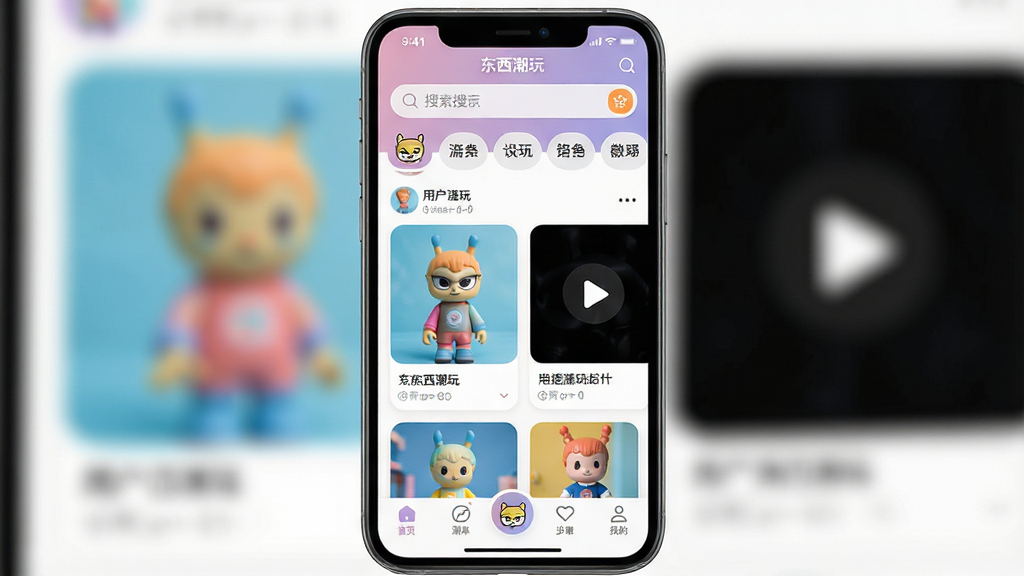 һ��չʾ���������桱App���Ľ����ͼƬ������������һ�������ֻ�����Ļ�ڳ��֡��������桱App����ҳ���������������ͷ����ǩ���м����û������ĳ���ͼƬ����Ƶ��Ƭ���ײ������������ɼ������岼�ּ�����죬����ִ���ƽ��ɫ�������л�����ϸ��Բ��ɾ������ʸ����޶���Ԫ��