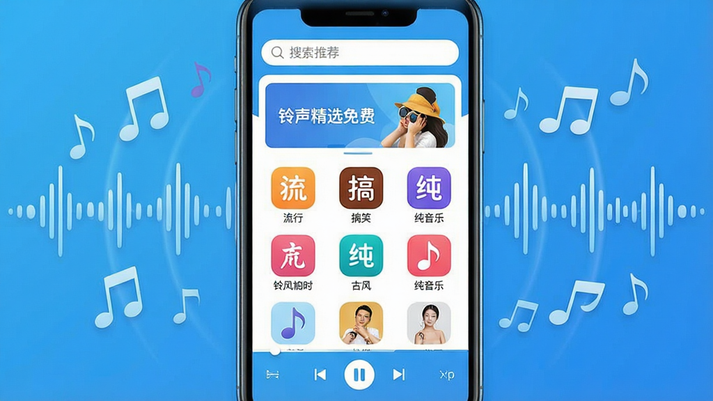 �ֻ���Ļ������չʾ�š�������ѡ��ѡ�App�������棬���涥������������Ƽ�������м����������е���������ͼ�꣬�������С���Ц���ŷ硢�����ֵȣ��ײ��ǲ��ſ���������Χ����������������������Ԫ�أ�������ɫ����������Ϊ����������ִ������ʸɾ��������޶�������Ԫ�أ��ֻ�����������������ʾ��������ѡ��ѡ�����