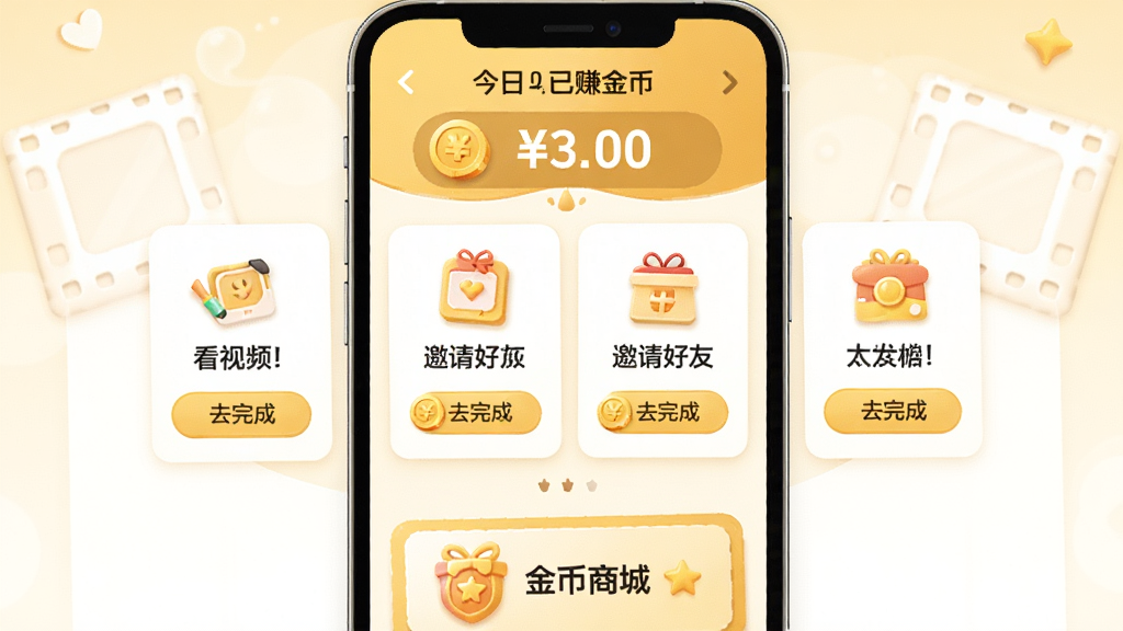 金币小片场App的任务中心界面,顶部显示今日已赚金币数量,中间排列着签到、看视频、邀请好友等任务卡片,每个卡片带有金币图标和“去完成”按钮,底部有金币商城入口,界面以暖黄色和白色为主,风格活泼,画质干净,文字标注清晰