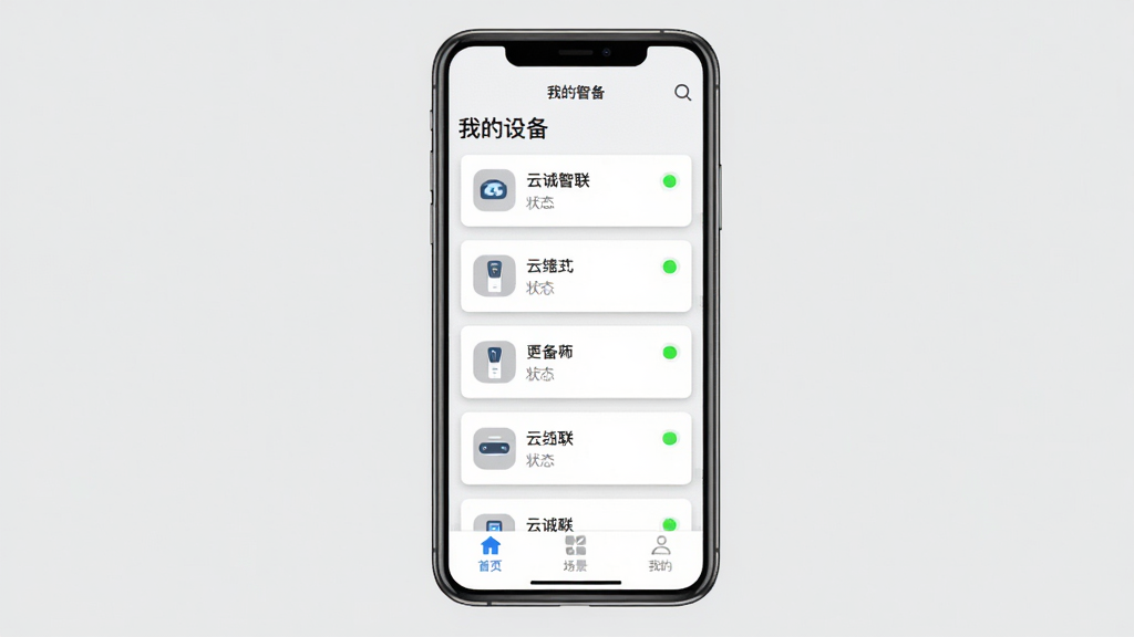 ���������ǡ��Ƴ�������App���������ͼ���ֻ���Ļ��ʾ�豸������壬�����С��ҵ��豸�����������ͼ�꣬�м����豸��Ƭ�б���ÿ����Ƭ���豸ͼ�ꡢ���ƺ�״ָ̬ʾ�ƣ��ײ��ǡ���ҳ�������������ҵġ�����������ǩ�����ֲ������½ṹ�Ű棬�ֻ����ڻ������룬������ǳ��ɫ��ɫ�����Ϊ�ִ���ƽUIչʾ��ϸ���Ͽ�Ƭ����΢��Ӱ��״ָ̬ʾ������ɫ�ͻ�ɫ���֡����ʸɾ����޶���Ԫ�أ�����������ע���Ƴ���������