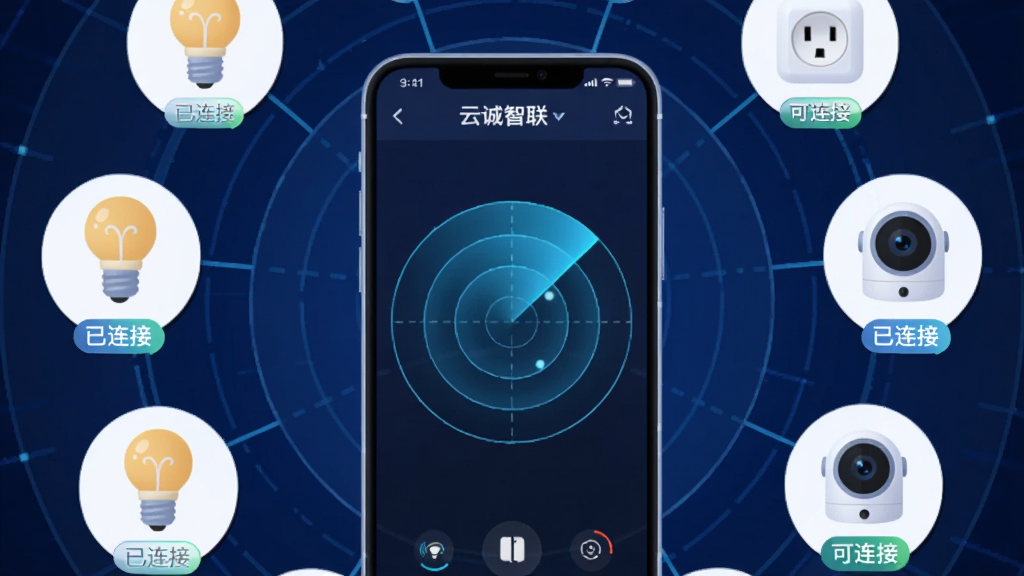 ���������ǡ��Ƴ�������App���豸ɨ����棬�ֻ���Ļ��ʾһ���״�ɨ�趯������Χ�ֲ������ܵ��ݡ����ܲ���������ͷ���豸ͼ�꣬ÿ��ͼ���Ա��С������ӡ��򡰿����ӡ��ı�ǩ�����ֲ���Բ�η���״�Ű棬�ֻ�λ�ڻ������룬����������ɫ�Ƽ������񡣷��Ϊ��ƽ���Ƽ��廭��ϸ�����״ﲨ���н����Ч��ͼ��Բ��ɰ������ʸɾ����޶���Ԫ�أ�ͻ�����Ƴ��������Ŀ��ٷ���������