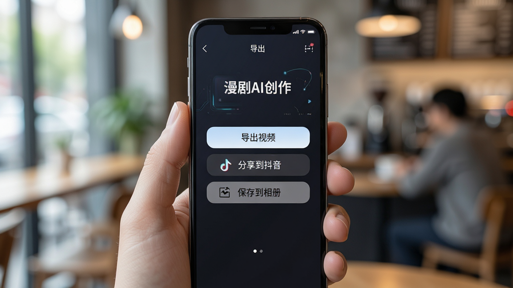 一张展示手机界面操作的图片,画面中一只手拿着手机,手机屏幕上显示“漫剧AI创作”的导出界面,有“导出视频”“分享到抖音”“保存到相册”等按钮,背景是模糊的咖啡厅环境。风格为写实科技风,布局以手机屏幕为中心,细节清晰,画质明亮,干净无多余元素。