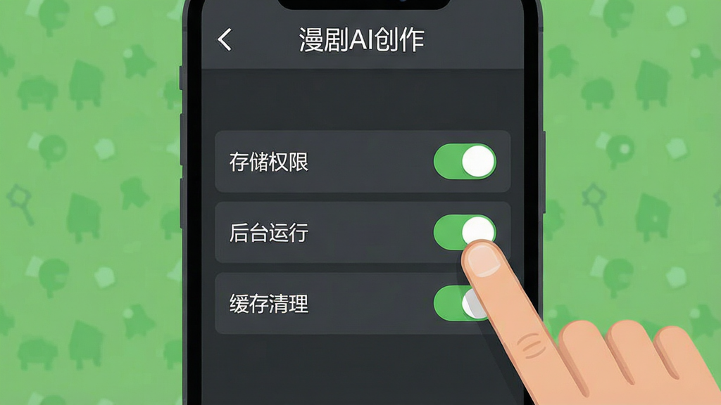 一张手机屏幕截图风格的插画,展示“漫剧AI创作”的设置界面,背景是深灰色,上面有“存储权限”“后台运行”“缓存清理”等选项开关。画面中有一个手指正在点击“存储权限”开关。风格为扁平化UI设计,布局整洁,细节清晰,画质干净,无多余元素。