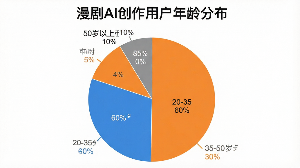 一张饼状图,标题为“漫剧AI创作用户年龄分布”,图表显示20-35岁占60%,35-50岁占30%,50岁以上占10%。饼图颜色分别为蓝色、橙色、灰色。背景为白色,图表风格简洁现代,数据标签清晰,画质干净,无多余元素。