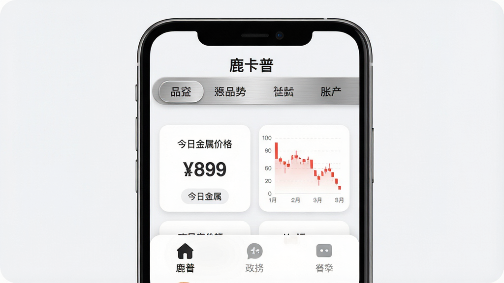 一张展示“鹿卡普”手机应用主界面的图片,画面中央是一部竖屏手机,屏幕上显示“鹿卡普”应用的主页,顶部有金属品类导航栏,中间是今日金属价格卡片和涨跌趋势小图,底部有三个功能选项卡,背景为简洁的浅灰白色调,整体风格现代扁平,图标圆润清晰,画质干净无多余元素