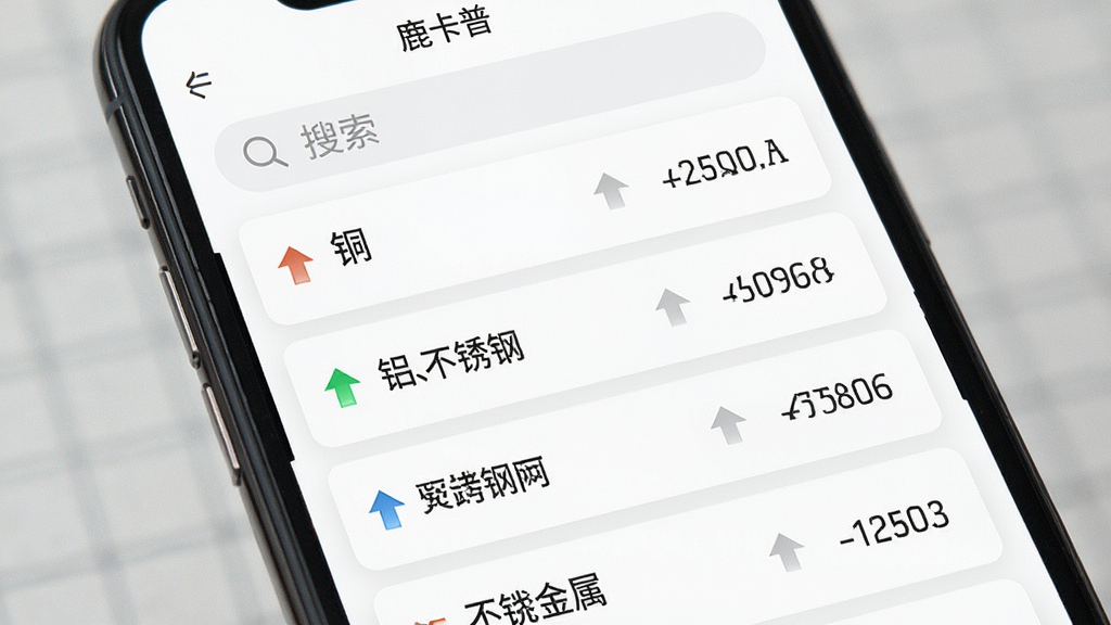 一张展示“鹿卡普”应用内金属行情列表的图片,画面为手机屏幕特写,屏幕上排列着铜、铝、不锈钢等金属名称和对应的价格数字,每个条目前面带彩色涨跌小箭头,顶部有搜索框,背景为白色卡片式设计,风格简洁商务,画质清晰干净