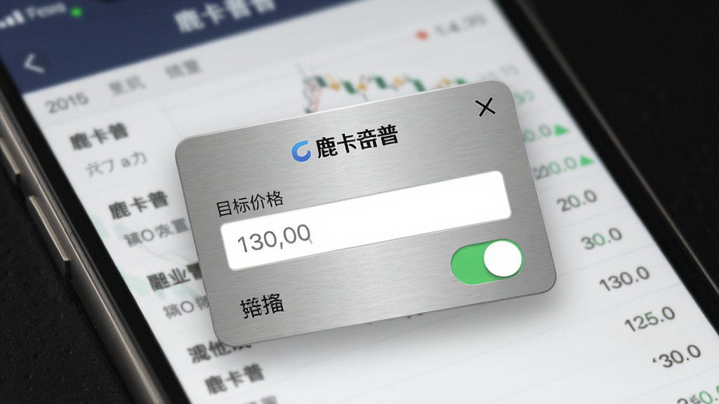 一张展示“鹿卡普”应用内价格提醒设置界面的图片,画面为手机屏幕,屏幕上显示一个金属品种的价格提醒设置弹窗,有目标价格输入框和开关按钮,背景是模糊的行情列表,风格现代简洁,画质干净无多余元素