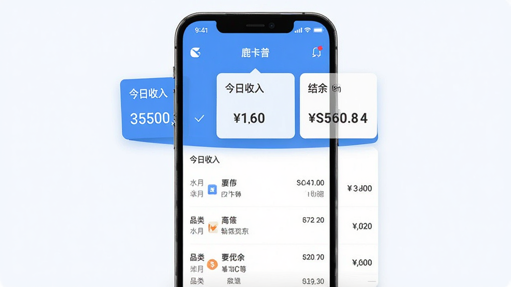 一张展示“鹿卡普”应用内商铺记账界面的图片,画面为手机屏幕,屏幕上显示今日收入、支出和结余的汇总卡片,下方是几笔交易记录列表,每笔记录带有时间、品类和金额,整体布局清晰,以蓝白色为主,风格现代扁平,画质干净无多余元素