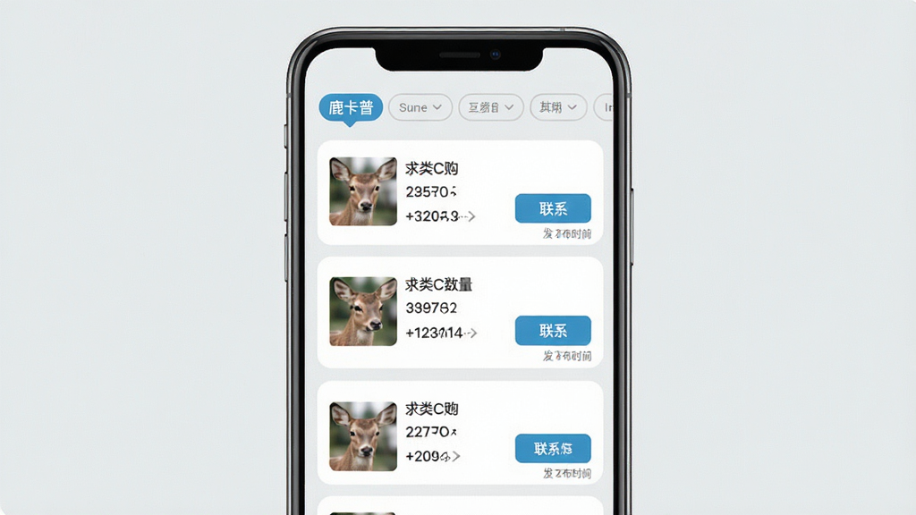 一张展示“鹿卡普”应用内信息广场列表的图片,画面为手机屏幕,屏幕上显示多条求购和供货信息卡片,每条包含品类、数量、联系按钮和发布时间,顶部有筛选标签,背景为浅灰色,风格清爽简洁,画质干净无多余元素