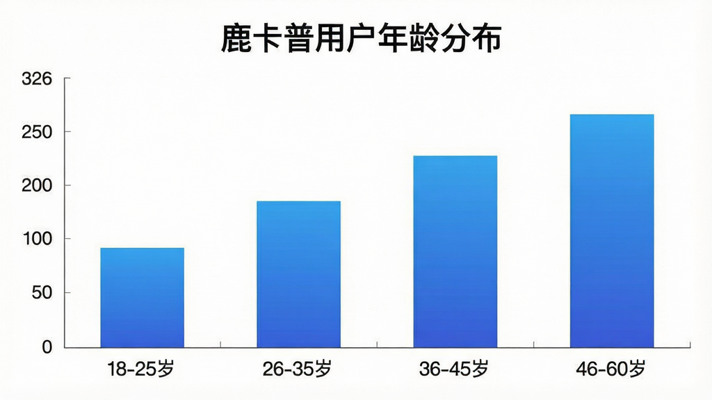 一张展示“鹿卡普”用户年龄分布柱状图的图片,画面为简洁的图表设计,横轴为年龄段“18-25岁”“26-35岁”“36-45岁”“46-60岁”,纵轴为人数占比,柱状颜色为渐变的蓝色,图表上方有标题“鹿卡普用户年龄分布”,背景为白色,风格商务简洁,画质干净无多余元素