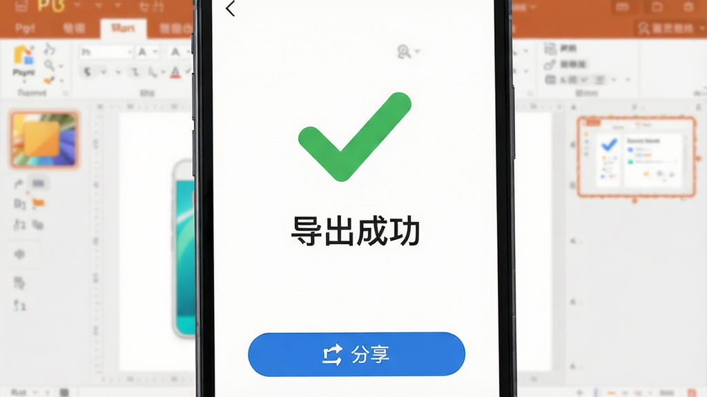 一部手机显示导出成功的提示界面,屏幕上有一个大大的对勾图标和“导出成功”字样,背景是PPT制作编辑的界面,下方有分享按钮,画面风格简洁,色彩明快,细节干净,画质清晰