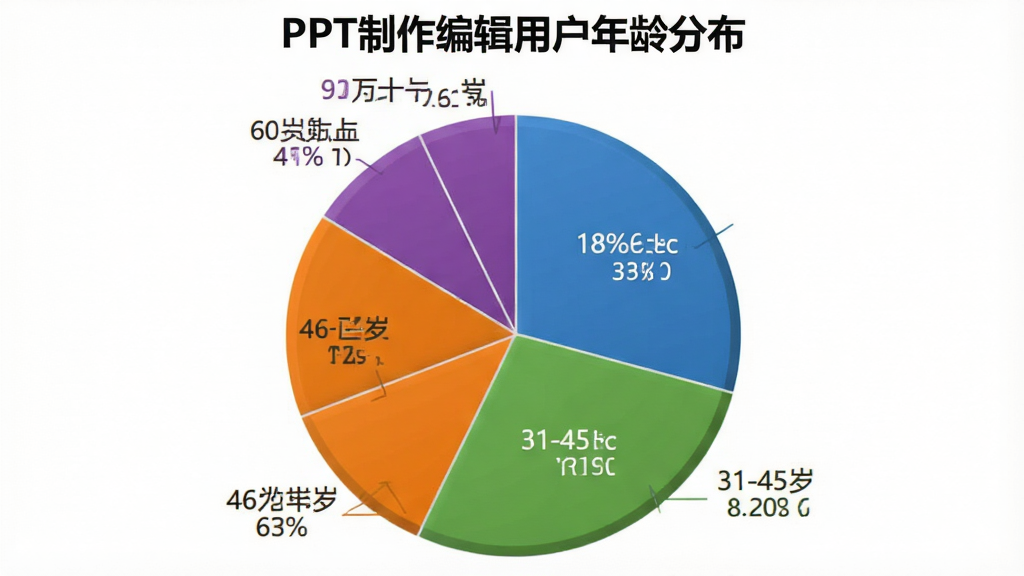 一个饼状图,标题为“PPT制作编辑用户年龄分布”,图表显示18-30岁占比百分之四十五,31-45岁占比百分之三十,46-60岁占比百分之十五,60岁以上占比百分之十,饼图颜色分别为蓝色、绿色、橙色、紫色,背景干净,数据标签清晰,风格简洁现代,画质干净,无多余元素