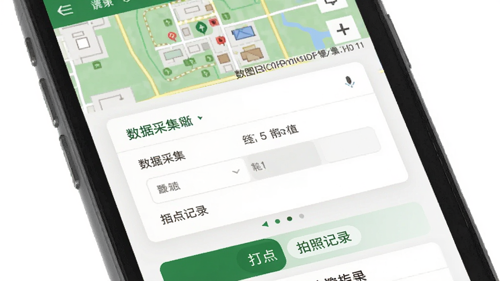 数图田调 软件主界面 手机竖屏截图风格 顶部显示地图视图 中间是数据采集表单卡片 底部有打点拍照记录按钮 配色以绿色和白色为主 布局清晰 扁平化设计 画质干净 无多余元素