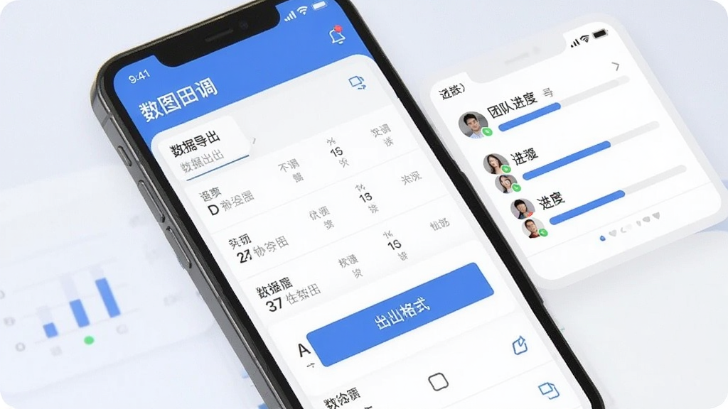 数图田调 数据导出与团队协作界面 手机屏幕显示数据列表和导出格式选项 旁边有团队成员进度条 界面现代 蓝色调 扁平化 画质干净 无多余元素