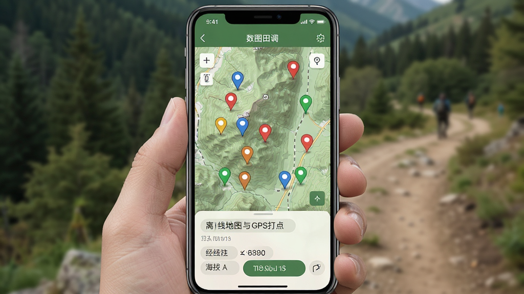 数图田调 离线地图与GPS打点功能界面 手机屏幕显示地形图 上面有多个彩色标记点 底部弹出坐标信息面板 包含经纬度海拔数据 户外风格 绿色调 清晰干净