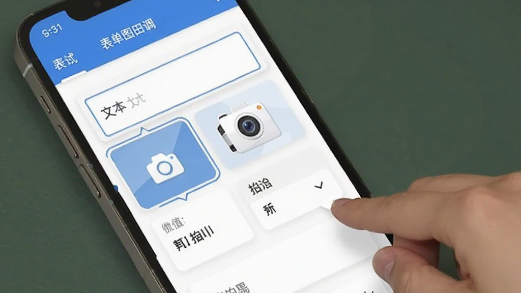 数图田调 自定义表单编辑界面 手机屏幕显示多个表单字段卡片 包含文本输入 数值 拍照 下拉选择等类型 用户正在拖拽排序 界面简洁 蓝色和白色主色调 扁平风格 画质清晰