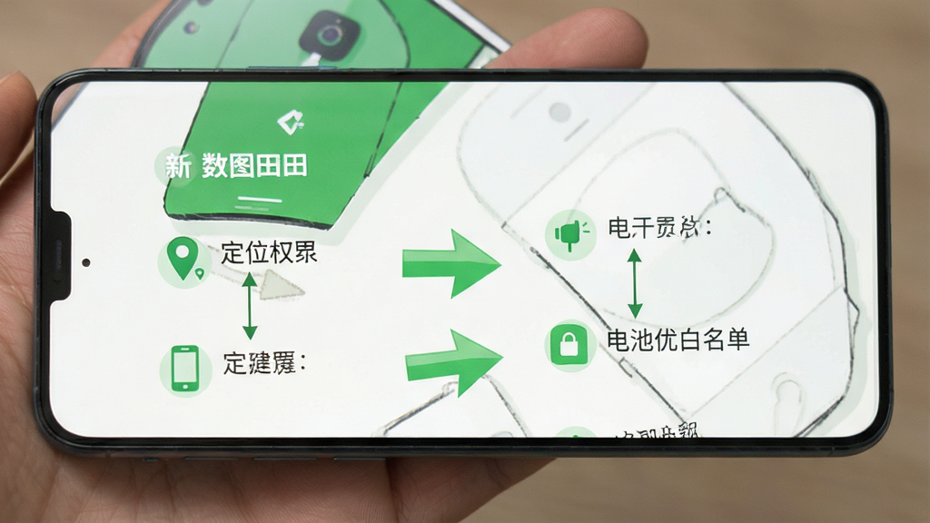 数图田调 新手设置引导界面 手机屏幕显示权限设置步骤 包括定位权限和电池优化白名单 界面有箭头指引 绿色和白色配色 扁平风格 画质清晰 无多余元素