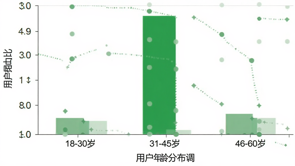数图田调 用户年龄分布柱状图 横轴为18-30岁 31-45岁 46-60岁 纵轴为用户占比 柱状图显示31-45岁占比最高 配色为绿色系 简洁数据可视化风格 画质清晰