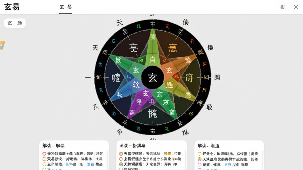 软件“玄易”的排盘结果页面特写,画面中央是彩色五行标注的圆形排盘图,周围环绕天干地支文字标签,下方有详细解读卡片,背景为浅灰色,排版规整,风格简约,画质清晰,无多余装饰