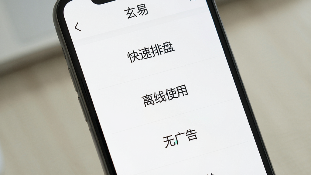 手机屏幕展示“玄易”应用的功能列表页面,画面中有“快速排盘”“离线使用”“无广告”等文字标签,布局为纵向列表,风格清爽,排版整齐,画质干净,无多余元素