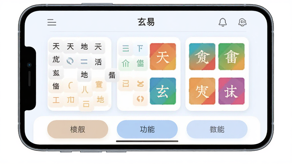 手机屏幕中央展示“玄易”应用主界面,上方为浅色导航栏,中间是整齐的排盘信息卡片,包含天干地支与五行色块,下方为功能按钮区,整体布局简洁,排版清晰,风格现代扁平化,细节圆润,画质干净,无多余元素