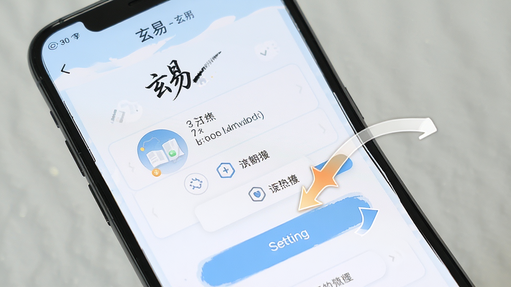 手机屏幕展示“玄易”应用的新手引导页面,画面中有分步操作提示箭头指向设置按钮,背景为浅色,布局清晰,风格简洁,画质干净,无多余元素