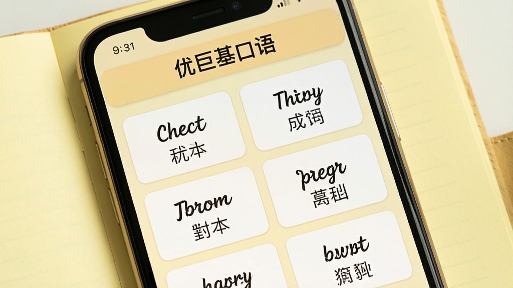 一张展示优巨基口语生词本功能的图片,主体是手机屏幕,屏幕里显示单词卡片列表,每张卡片上有英文单词和中文释义,顶部有“优巨基口语”标题,背景是淡黄色,布局像笔记本内页,风格温馨简洁,画质干净无多余元素