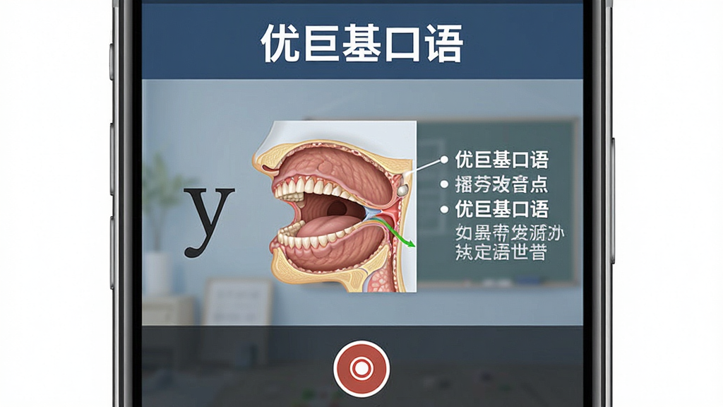 一张展示优巨基口语发音课程界面的图片,主体是手机屏幕,屏幕中显示一个音标符号和口腔侧面剖面图,旁边有发音要点文字,底部有录音按钮,界面顶部有“优巨基口语”字样,布局规整,风格教学风,画质高清干净无多余元素