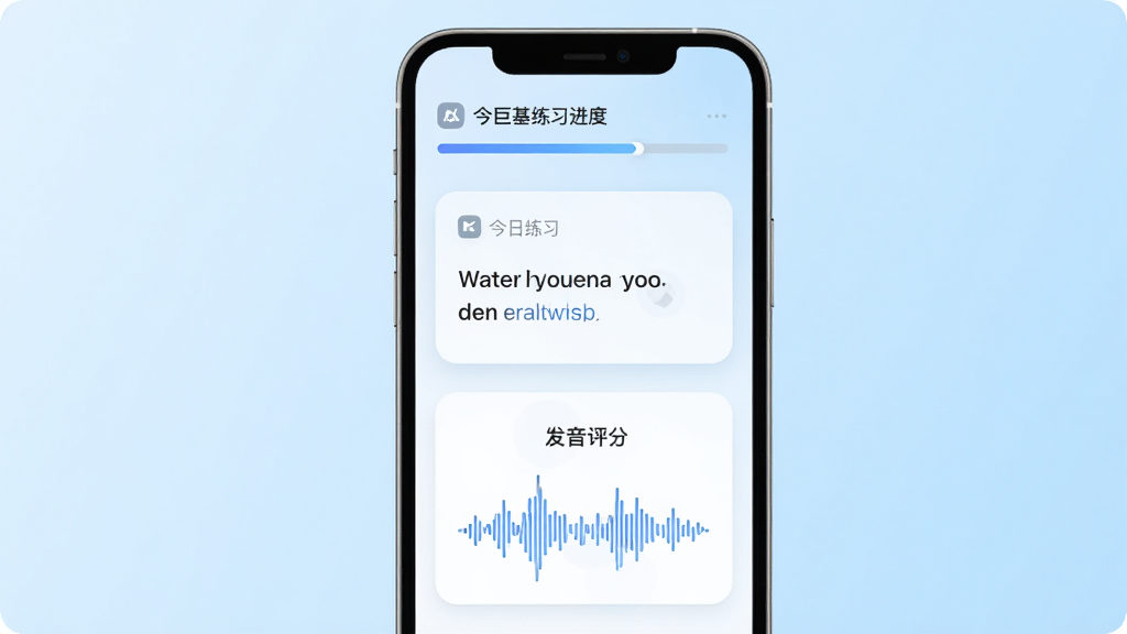 一张展示优巨基口语App核心界面的图片,主体是一部立着的智能手机,屏幕里显示优巨基口语的练习界面,布局从上到下依次是今日练习进度条、一句英文跟读卡片、发音评分和波形图,背景是浅蓝色渐变,风格清爽现代扁平化,细节圆润干净,画质高清无多余元素