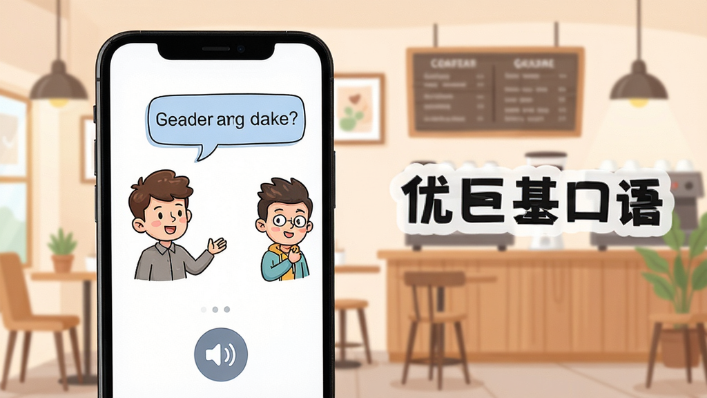 一张展示优巨基口语场景对话功能的图片,主体是手机屏幕,屏幕里显示两个卡通人物对话气泡,一个是英文问句,一个是用户语音输入按钮,背景是咖啡馆场景插画,画面中有“优巨基口语”文字标识,布局清晰,风格轻松活泼,画质干净无多余元素