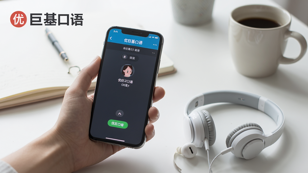 一张展示优巨基口语在手机和耳机配合使用的场景图,主体是一只手拿着手机,手机屏幕显示优巨基口语跟读界面,旁边放着一副白色耳机,背景是安静的书桌,桌上有笔记本和咖啡杯,画面中有“优巨基口语”文字标识,布局自然,风格生活化,画质清晰干净无多余元素