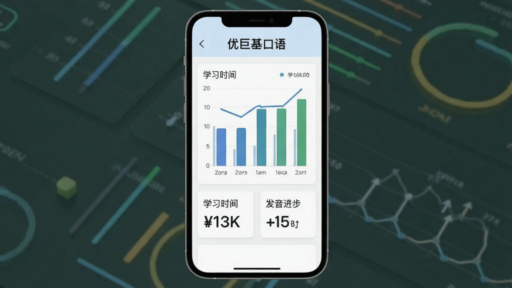 一张展示优巨基口语学习报告页面的图片,主体是手机屏幕,屏幕中显示柱状图和折线图,图表下方有学习时长和发音进步数据,页面顶部有“优巨基口语”字样,布局像数据仪表盘,风格现代简约,画质干净无多余元素