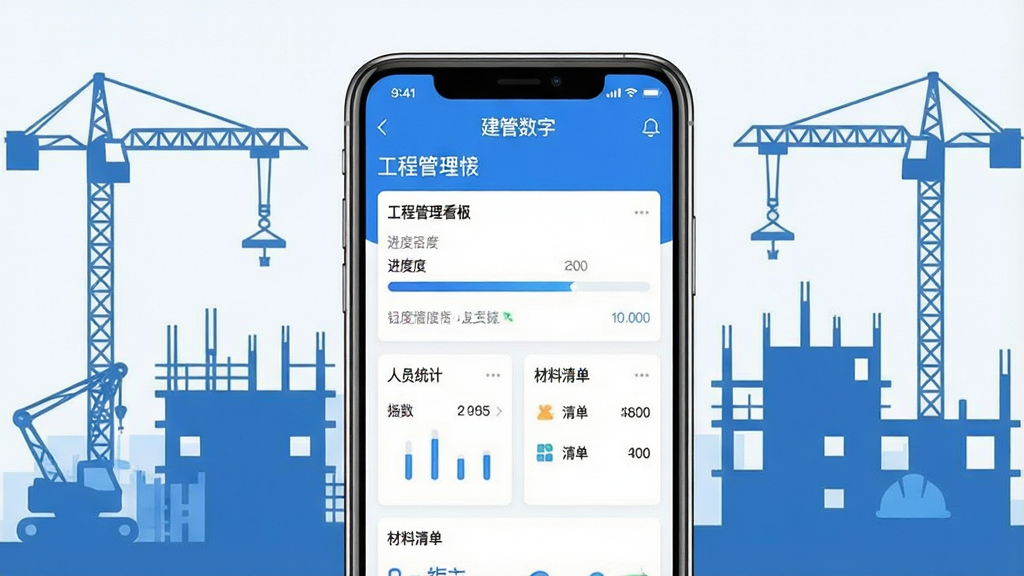 一张展示“建管数字”App核心界面的手机样机图,画面中央是手机屏幕,屏幕内显示工程管理看板,包含进度条、人员统计、材料清单等卡片式模块,背景是简洁的工地剪影,整体风格现代扁平,蓝白主色调,画质干净清晰,无多余元素