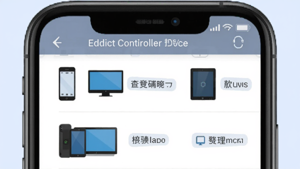 һ��չʾEddict Controller���豸ͳһ�������ܵ�ͼƬ������������һ���ֻ���Ļ����Ļ����ʾ��һ���豸�б����б������ֻ������ԡ�ƽ���ͼ�꣬ÿ��ͼ���Ա����Զ�������Ʊ�ǩ������������ֱ�ۣ������ǵ���ɫ��ϸ�����������ʸɾ��޶���Ԫ��