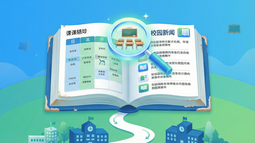 一张展示掌上新大App功能特色的创意插画。画面中央是一个打开的巨大虚拟书本,书本页面左侧显示着网格状的课表,右侧显示着一条条校园新闻列表。书本上方悬浮着一个发光的放大镜,正对着一间空教室的图标。书本下方有一条弯曲的小路通向校园建筑剪影。布局为居中对称,风格为2.5D等距视角,色彩清新明亮,以蓝色、绿色和白色为主。细节上,书本边缘有轻微磨损质感,图标精致,画质高清,干净,无多余元素。