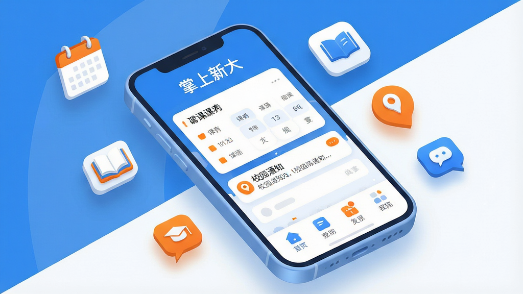 一张展示掌上新大App核心功能的手机界面概念图。画面中央是一部立体的智能手机,屏幕亮起,显示着掌上新大的首页布局,顶部是“掌上新大”文字标识,中间是课表卡片和校园通知滚动栏,底部是功能图标。手机周围漂浮着日历、书本、定位、消息气泡等小图标。布局采用对角线构图,手机略微倾斜。风格为现代扁平化设计,蓝白配色为主,点缀少量活力橙色。细节上,手机边缘圆润,图标有轻微投影,画质高清,干净,无多余元素。
