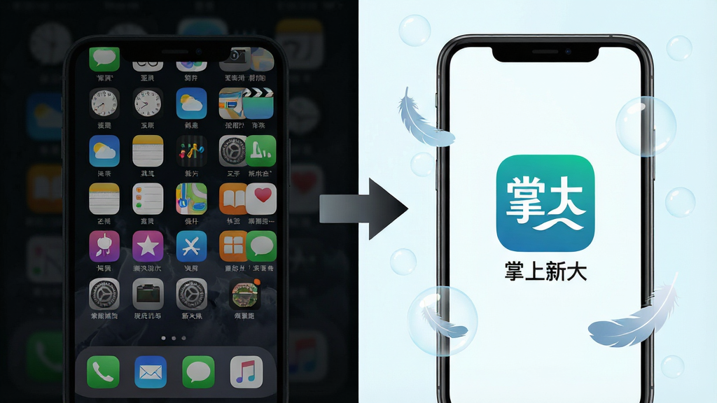 一张展示掌上新大App轻量级设计理念的对比图。画面左侧是一个拥挤杂乱的手机桌面,图标密密麻麻,背景昏暗。画面右侧是一个整洁的手机桌面,只放置了一个掌上新大App图标,图标下方有“掌上新大”文字,背景明亮。中间用一个向右的箭头连接。布局为左右对比,风格为扁平化信息图风格,色彩对比强烈,左侧压抑,右侧清爽。细节上,右侧手机周围有轻盈的气泡和羽毛飘浮,画质高清,干净,无多余元素。