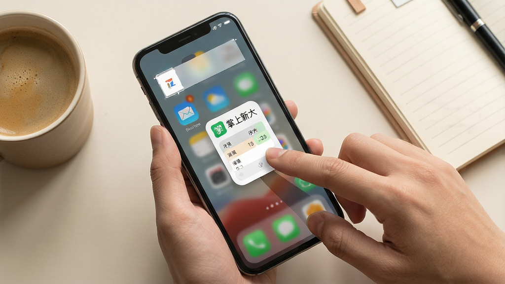 一张展示掌上新大App在手机桌面上添加小组件的操作示意图。画面是一双手正在操作手机,手机屏幕上显示着桌面编辑界面,一个写着“掌上新大”的课表小组件正被拖拽到桌面上。手机旁边放着一杯咖啡和一本笔记本。布局为俯视角度,风格为写实生活风,色调温暖柔和。细节上,手指动作自然,屏幕反光真实,画质高清,干净,无多余元素。